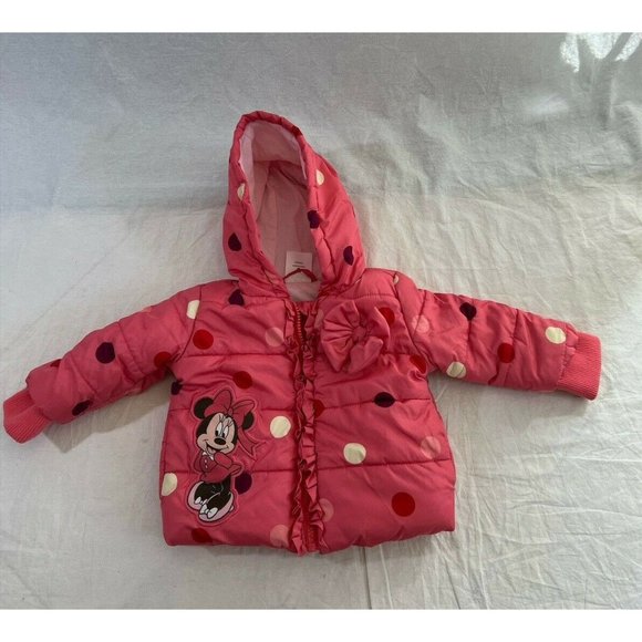 Disney Baby Girl's Puffer Jacket Hoodie Pink Logo Minnie Mouse Size 12M - Picture 1 of 9